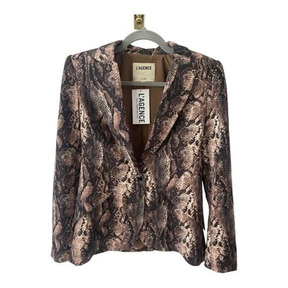 L’ AGENCE Chamberlain Python Print Single Breasted Blazer Jacket Brown Size 2 - Picture 9 of 16